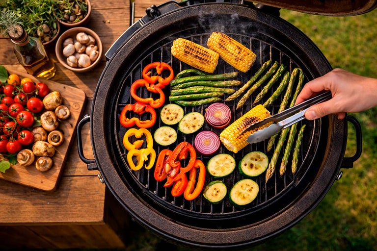 Groenten zoals paprika, courgette, maïskolven, uien en asperges bereid op een barbecue