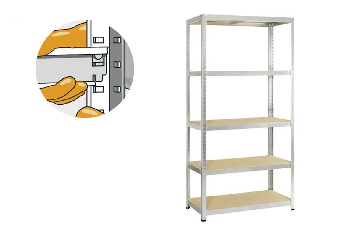 Metalen stellingkast met vijf planken en montage-instructies