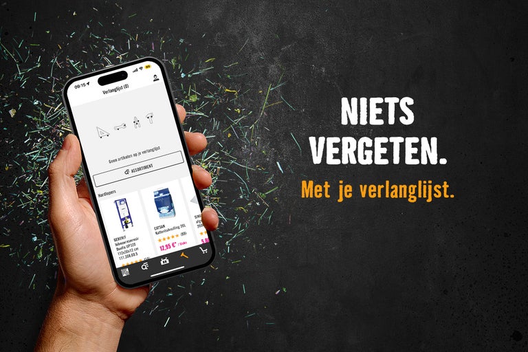 Een smartphone met de geopende verlanglijst in de hand.