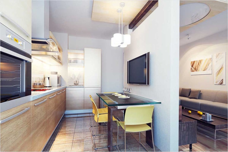 Keuken- en woonkamerscène met keukenmeubels, eettafel, stoelen en woongedeelte