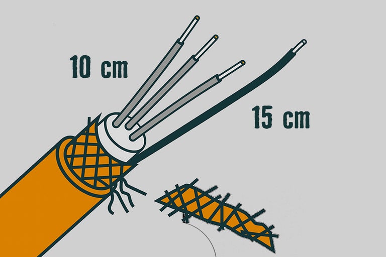 Illustratie van een gestripte kabel met maatvoering