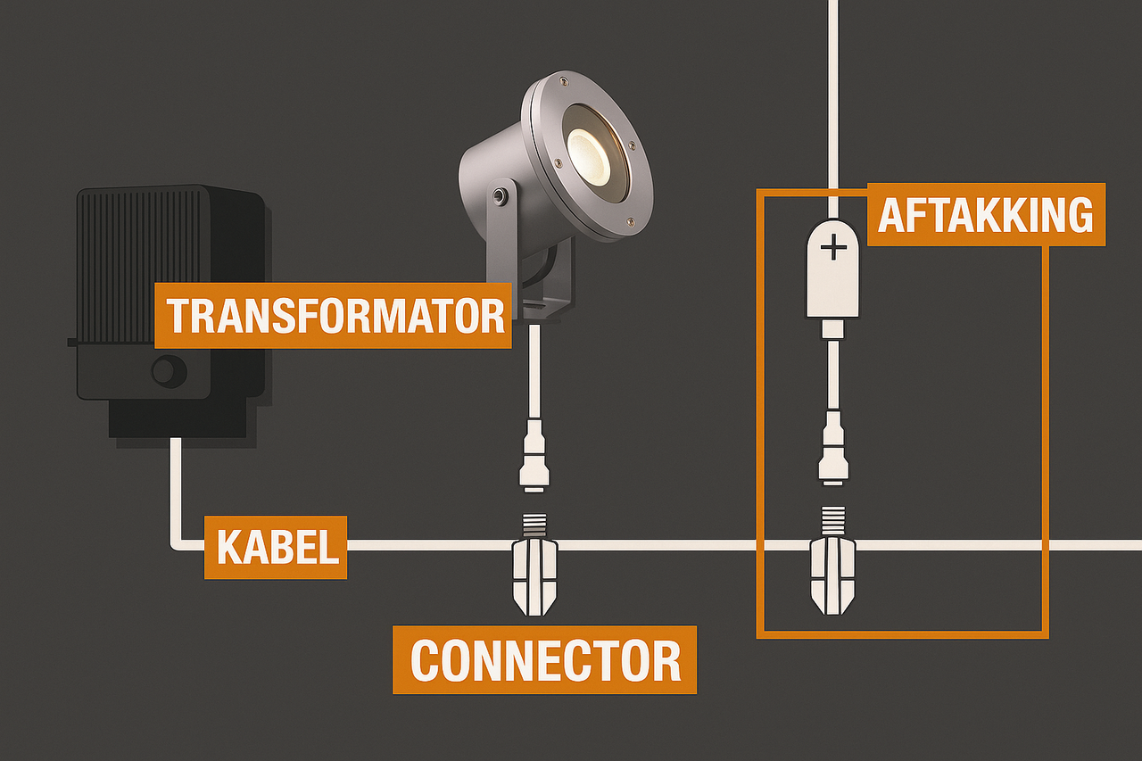Schema voor het aansluiten van een tuinlamp met transformator, kabel, connector en aftakdoos