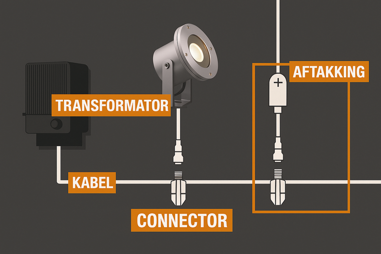 Schema voor het aansluiten van een tuinlamp met transformator, kabel, connector en aftakdoos