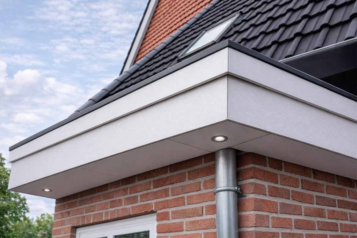 Close-up van een dakrand met geïntegreerde lampen en regenpijp aan een bakstenen gebouw.