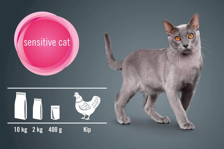 Kattenvoer voor gevoelige katten met aanduiding van vulgewicht en gevogelte als ingrediënt