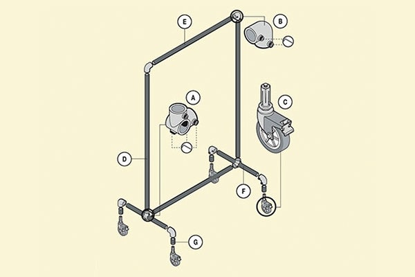 Tekening van een kledingrek met buizen, verbindingsstukken en wielen