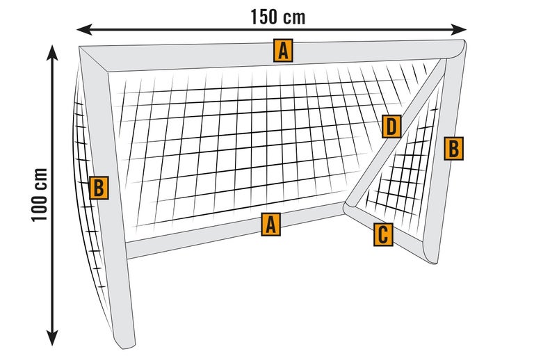 Afbeelding van een voetbaldoel met afmetingen van 150 bij 100 centimeter