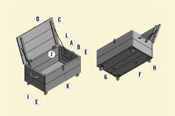 Illustratie van een houten kist op wielen, gemarkeerd met de letters A tot en met L om afzonderlijke onderdelen te identificeren.