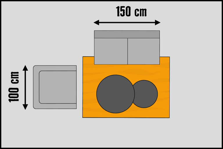 Bovenaanzicht van een wastafelonderkast met afmetingen van 150 bij 100 centimeter