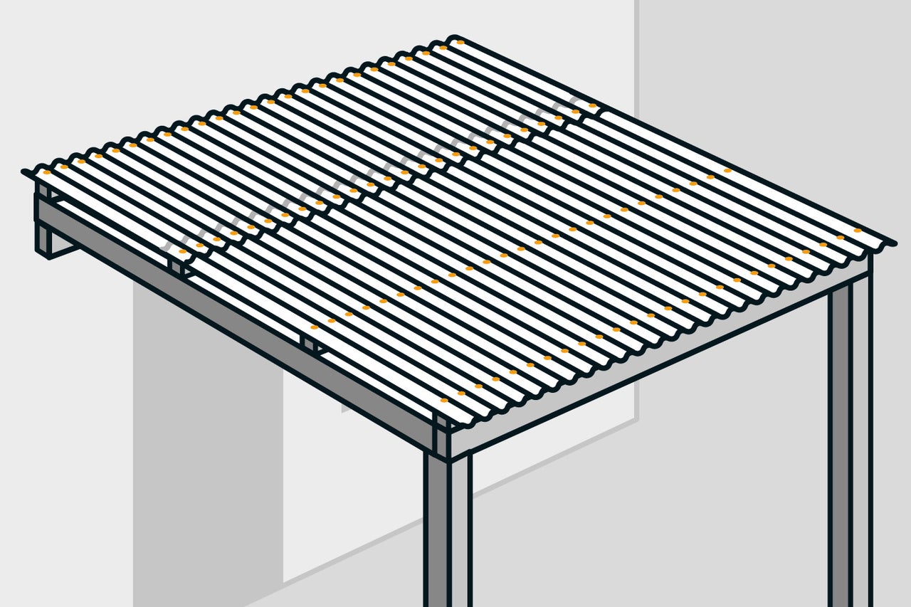 Illustratie van een overkapping met golfplaten
