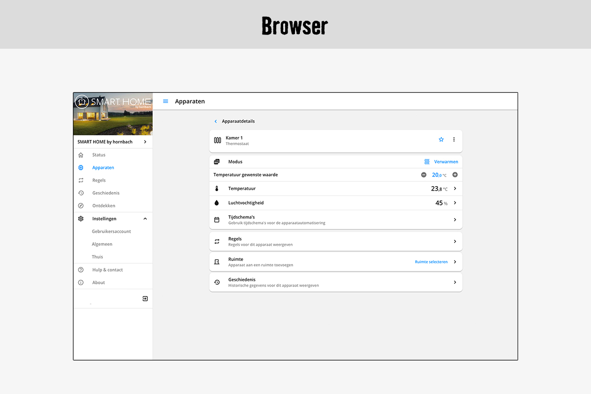 Smart Home app bedieningspaneel in browser met thermostaatweergave