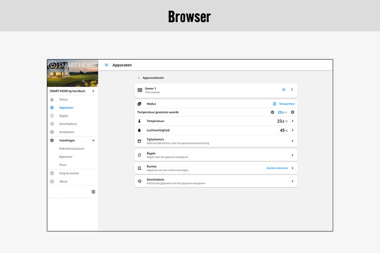 Smart Home app bedieningspaneel in browser met thermostaatweergave