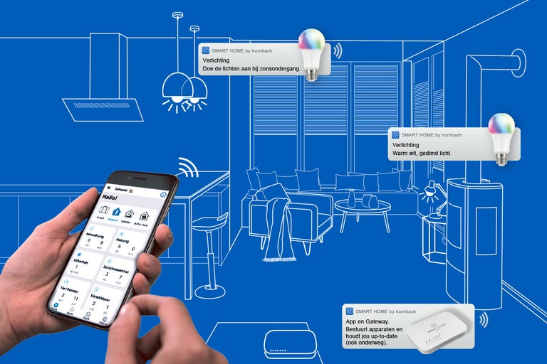 Schets van een huis met slimme bediening via een smartphone