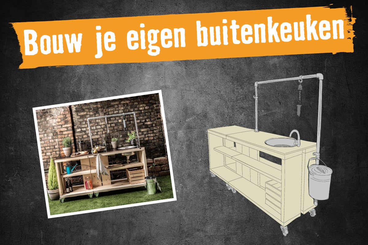 Afbeelding van een buitenkeuken met spoelbak en opbergruimte op wielen