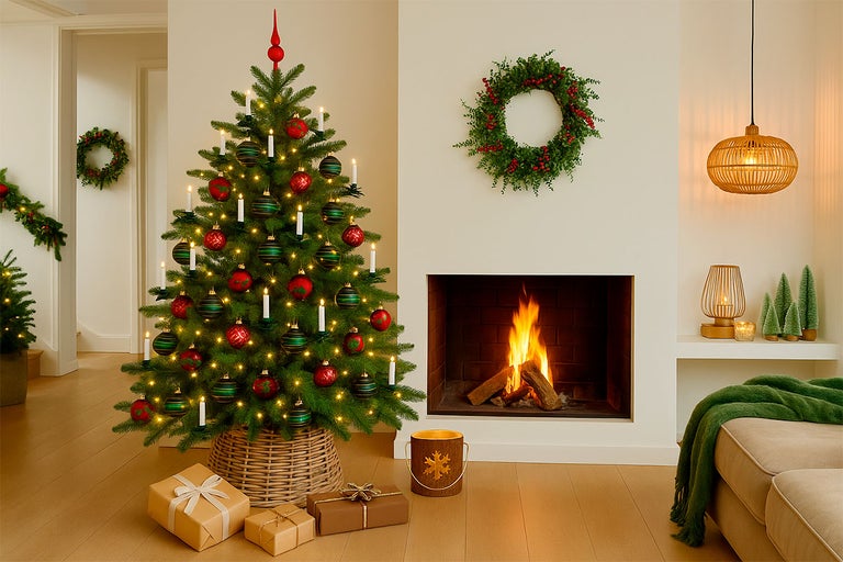 Feestelijke woonkamerdecoratie met kerstboom, open haard en cadeaus voor een gezellige sfeer.