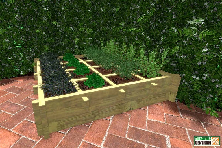 Verhoogde tuinbak met verschillende planten in de tuin