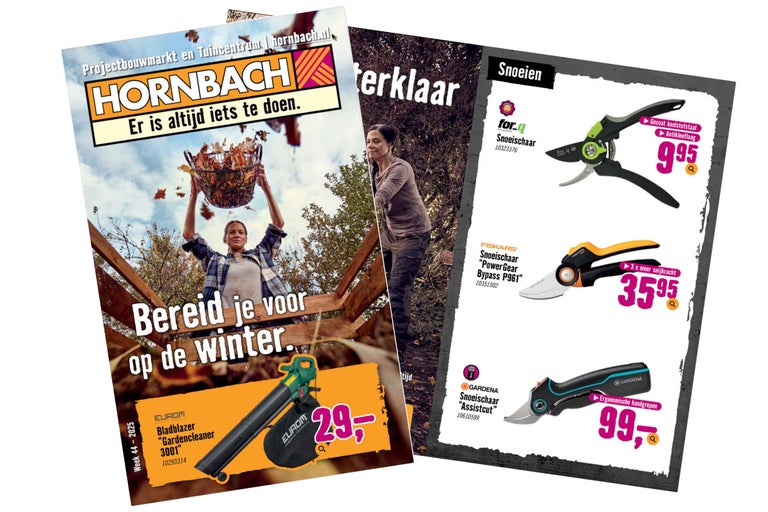 Hornbach reclame voor tuingereedschap ter voorbereiding op de winter met bladblazers en tuinscharen.