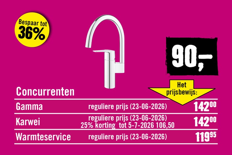 Eenhendel wastafelmengkraan in chroomlook met uitloop en prijsvergelijkingstabel voor een actieaanbieding
