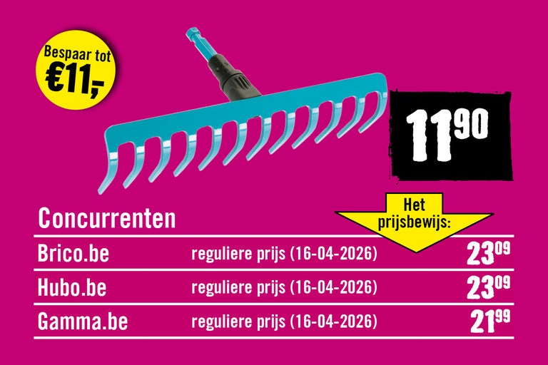 Prijsvergelijking voor een Gardena Combisystem hark voor 11,90 euro, die de prijsgarantie en besparing tot 11 euro bij Hornbach toont.