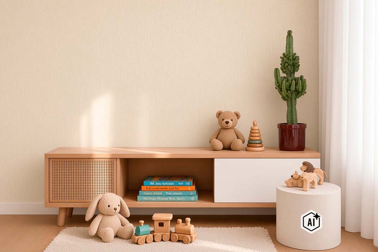 Een kinderkamer met een houten dressoir, gedecoreerd met boeken, een teddybeer, een cactus, speelgoedfiguren en een houten treintje.