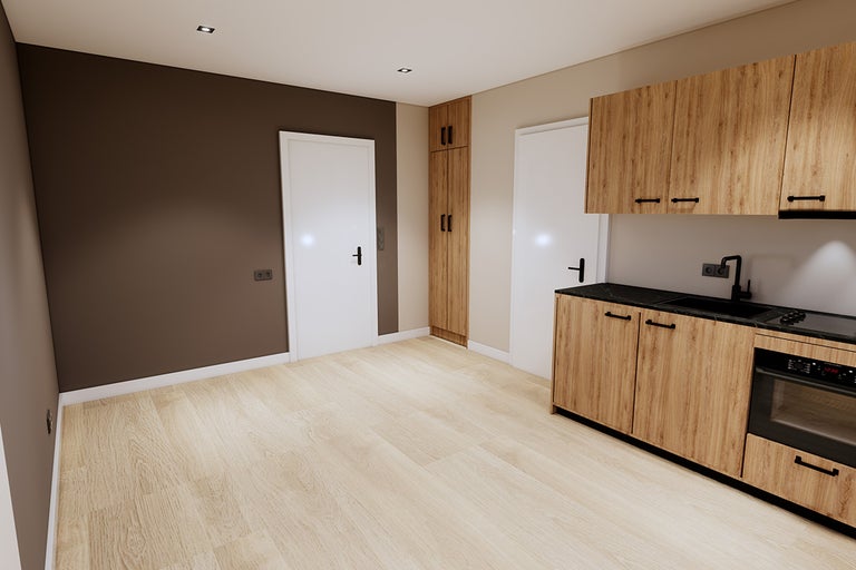 Lichte keuken met houten fronten, zwart werkblad en twee witte deuren