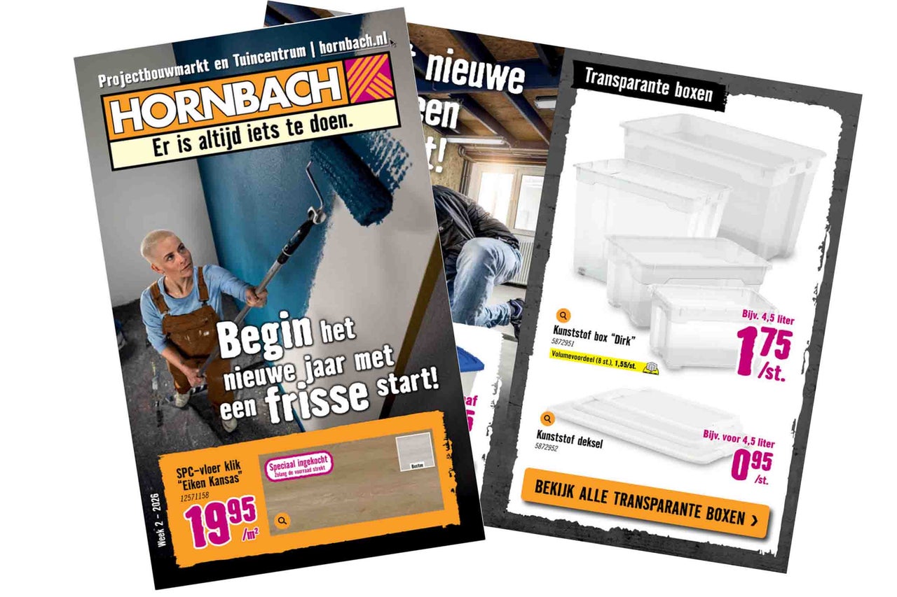 Hornbach reclame met aanbiedingen voor verf, vloeren en opbergdozen.