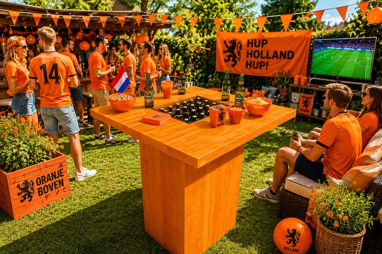 Tuinfeest met houten statafel met geĂŻntegreerde koeler, houten plantenbakken en voetbaldecoratie in een lichte buitenomgeving.