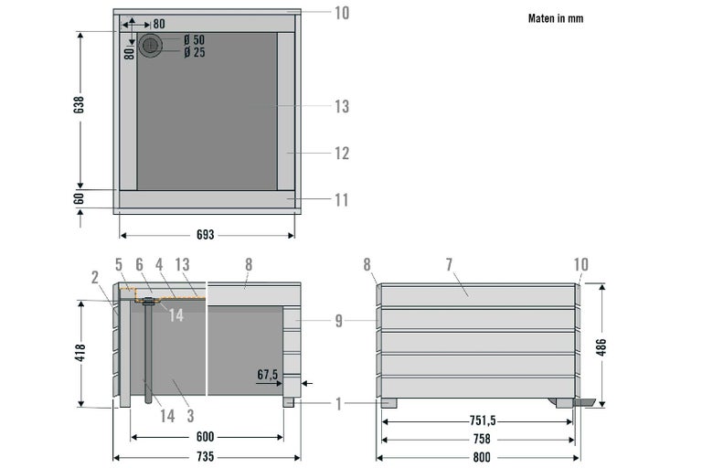 Technische tekening van een wastafelonderkast met afmetingen in millimeters