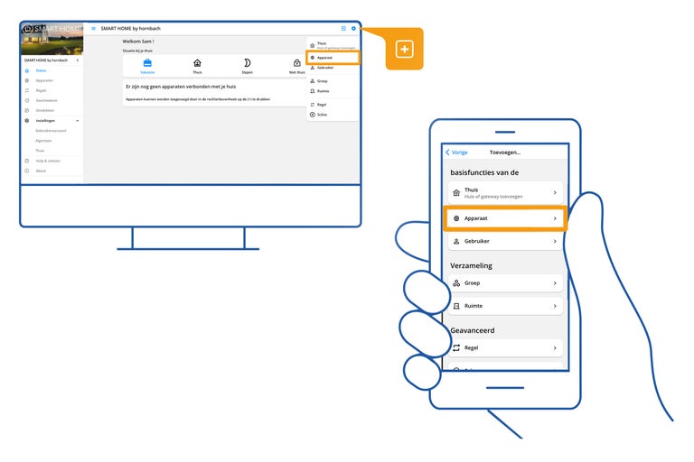Smart Home App voor apparaatconfiguratie op computer en mobiele telefoon