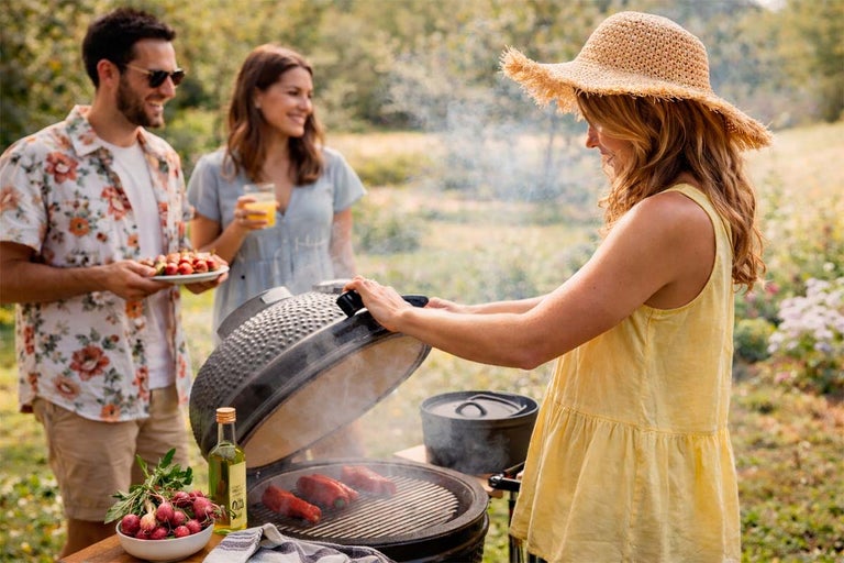 Scene van een barbecuefeest met houtskoolbarbecue en mensen in de tuin