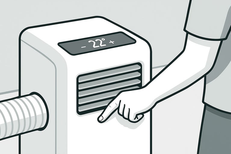 Illustratie van een persoon die een mobiele airconditioner bedient