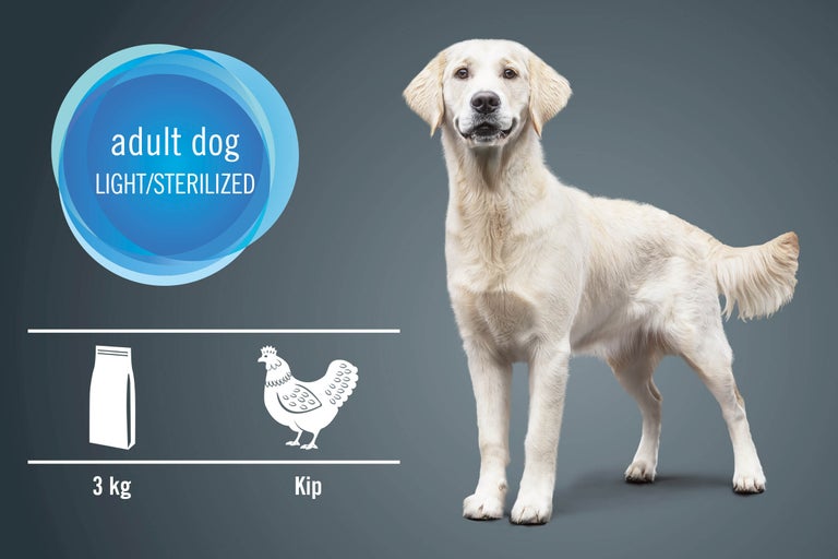 Illustratie van hondenvoer voor volwassen honden, Light of gesteriliseerd, 3 kilogram, met kip