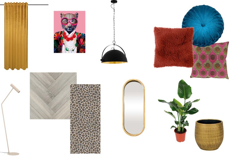 Productoverzicht met gordijn, decoratieve kussens, schilderij, hanglamp, vloerlamp, spiegel, kamerplant en vloerbedekking