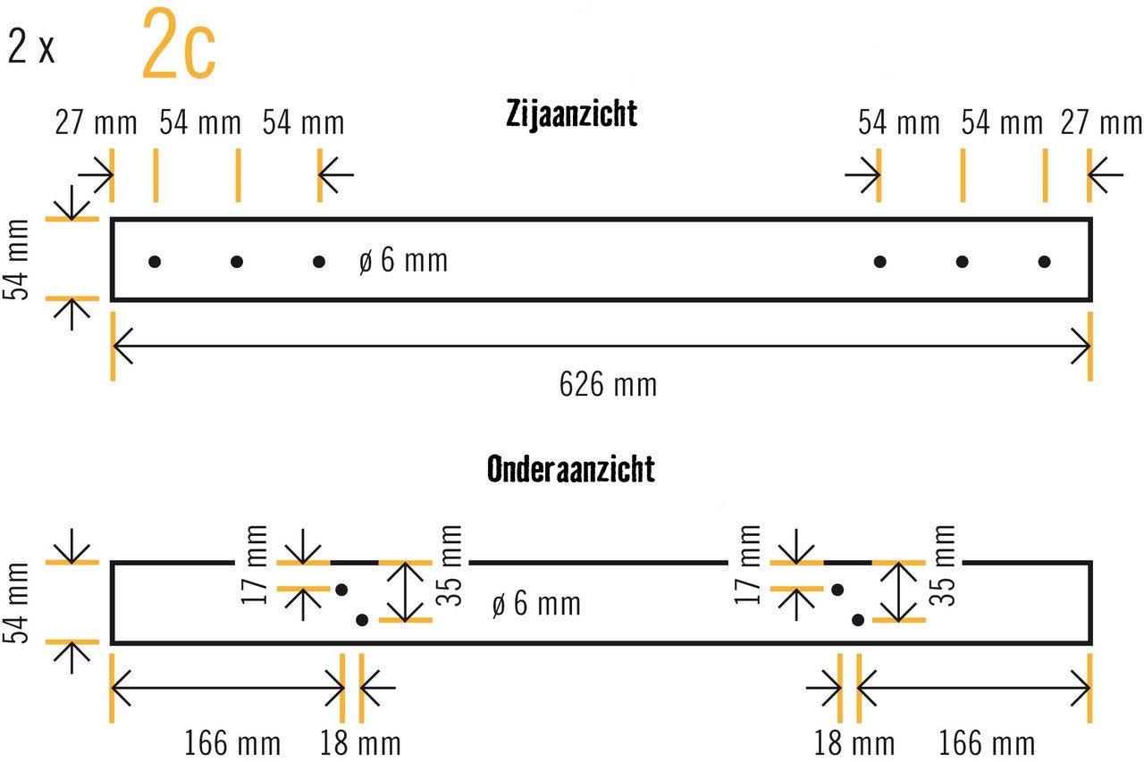 Technische tekening van een profiel van 626 millimeter lang met maatvoering.