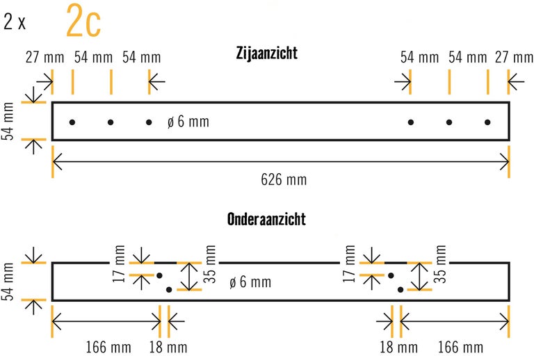 Technische tekening van een profiel van 626 millimeter lang met maatvoering.