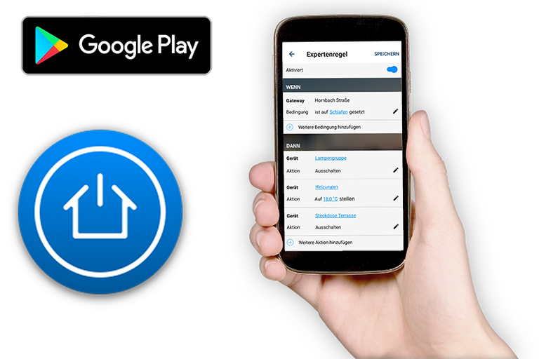 Google Play logo en smartphone met smart home-app
