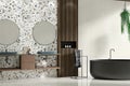 Moderne badkamer met terrazzo tegels op wand en vloer, dubbele wastafel en vrijstaand bad Moderne badkamer met terrazzo tegels op wand en vloer, dubbele wastafel en vrijstaand bad