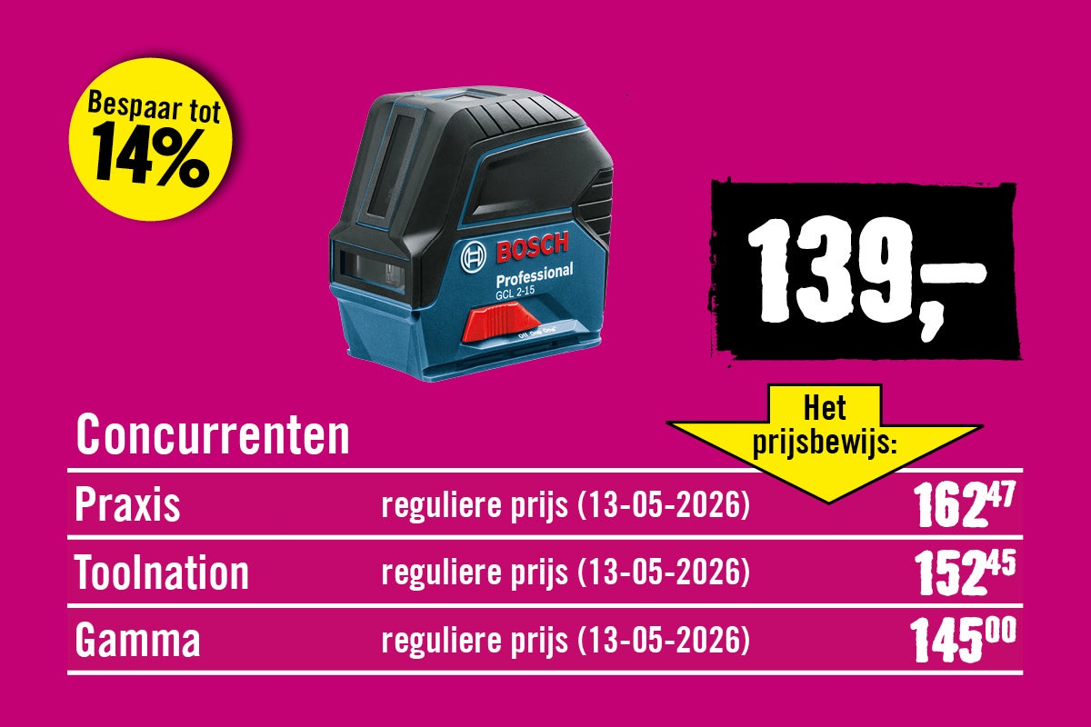 Bosch Professional GCL 2-15 kruislijnlaser met prijsvergelijking. Bespaar tot 14 procent. Prijsbewijs toont lagere prijs dan concurrenten.