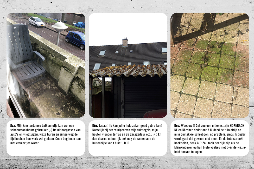 Voor-en-na afbeelding van buitenruimtes die een reiniging nodig hebben: balkon, garagedak en tuintegels.