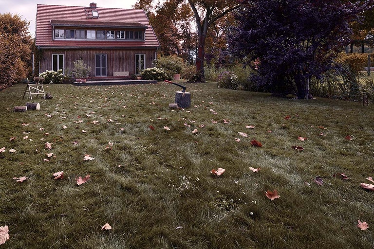 Buitenfoto van een tuin met een huis, een hakblok en een bijl