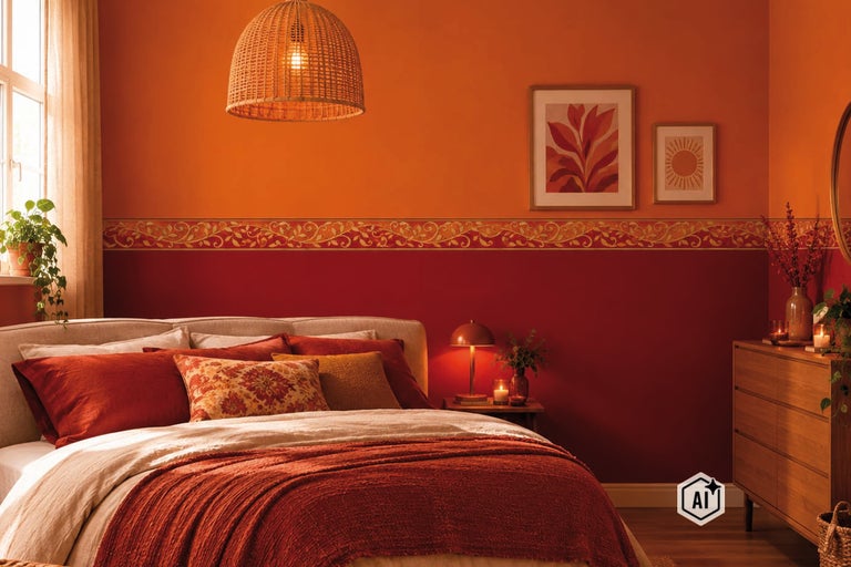 Gezellige slaapkamer met tweekleurige muurafwerking, decoratieve rand, houten ladekast en rotan hanglamp in een warme woonsfeer.