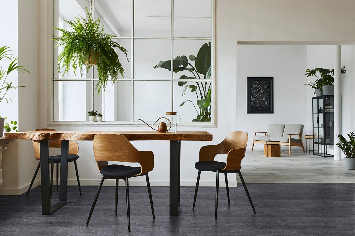 Moderne eetruimte met donkere vloerbedekking, een boomstamtafel, houten stoelen en diverse kamerplanten in een lichte kamer.