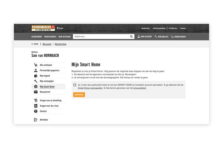 Hornbach website: Mijn Smart Home sectie met registratie opties.