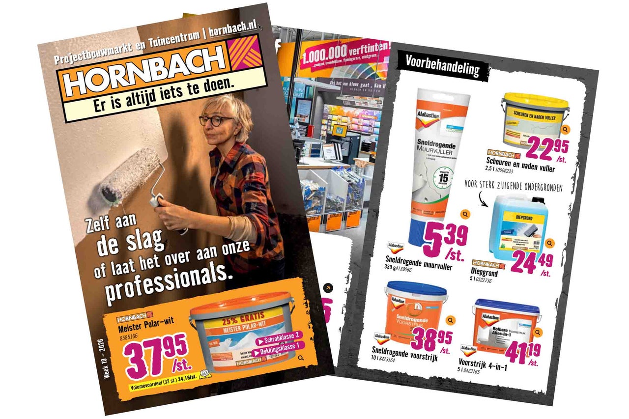 Hornbach folder voor muurverf en voorbehandelingsproducten zoals muurvuller, diepgrond en voorstrijk.