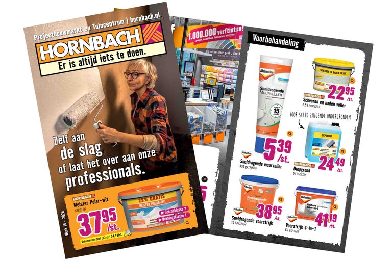 Hornbach folder voor muurverf en voorbehandelingsproducten zoals muurvuller, diepgrond en voorstrijk.