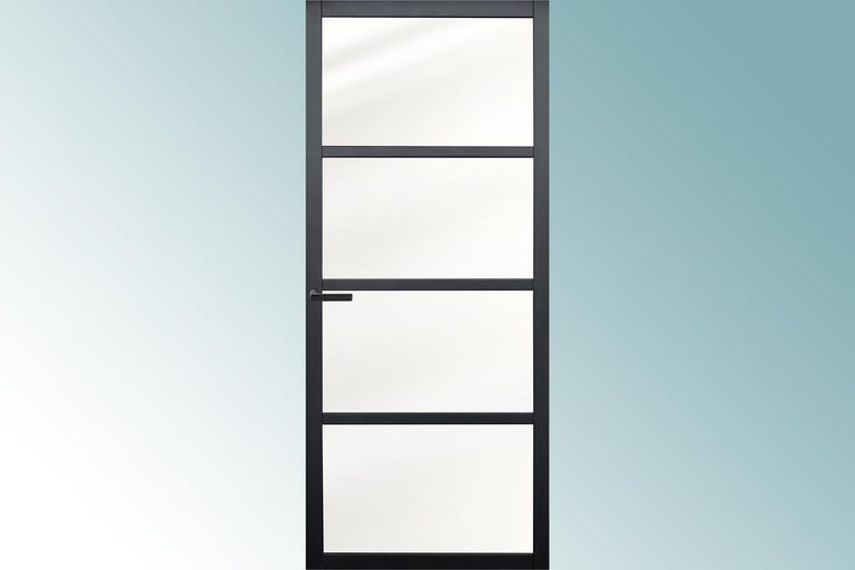 Binnendeur met vier glazen panelen en zwart frame