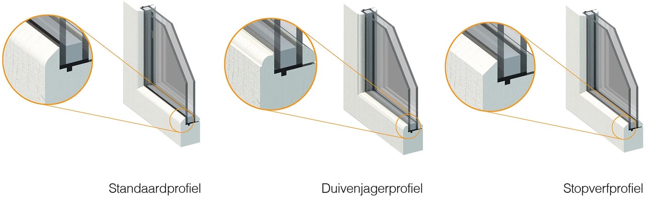 Weergave van drie vensterbankprofielen in dwarsdoorsnede.