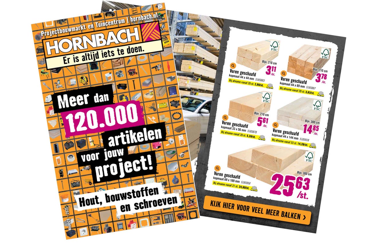 Hornbach reclame met de slogan: Er is altijd iets te doen. In de aanbieding: hout, bouwmaterialen en schroeven, evenals geschaafd vurenhout met FSC keurmerk