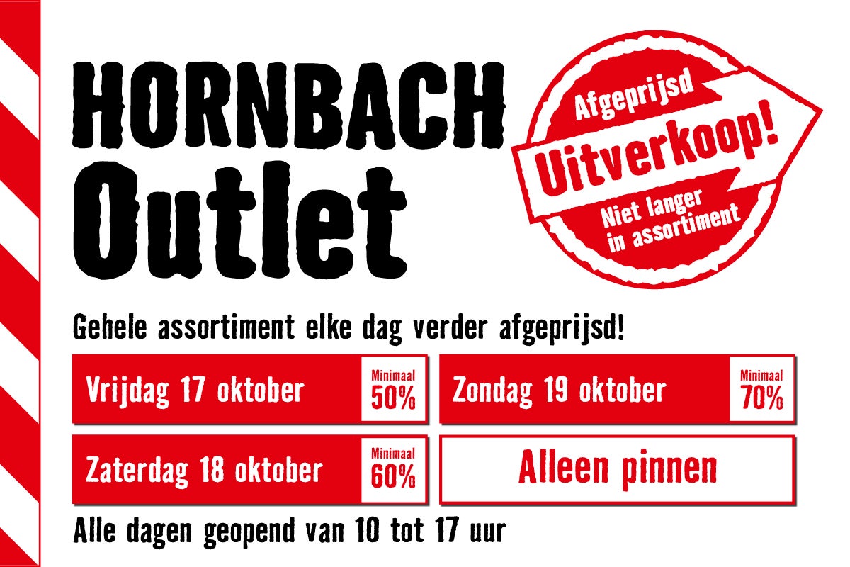 HORNBACH Outlet reclame met informatie over verkooppromoties en openingstijden