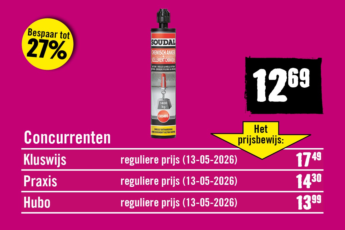 Prijsvergelijking voor Soudal Chemisch Anker bij Hornbach. Bespaar tot 27 procent ten opzichte van concurrenten Kluswijs, Praxis en Hubo.